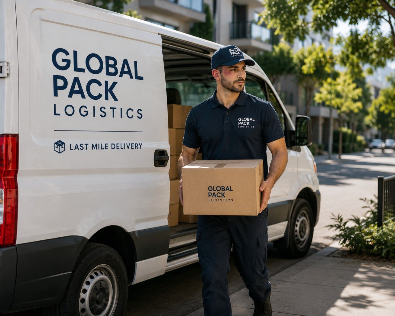 Global Pack Logistics driver delivering a package beside a branded van
